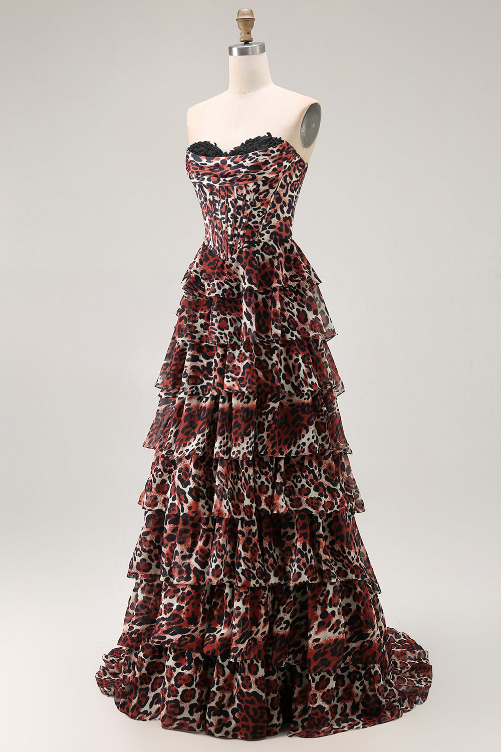 Brown Leopard Strapless A Line Ruffled Long Prom Dress