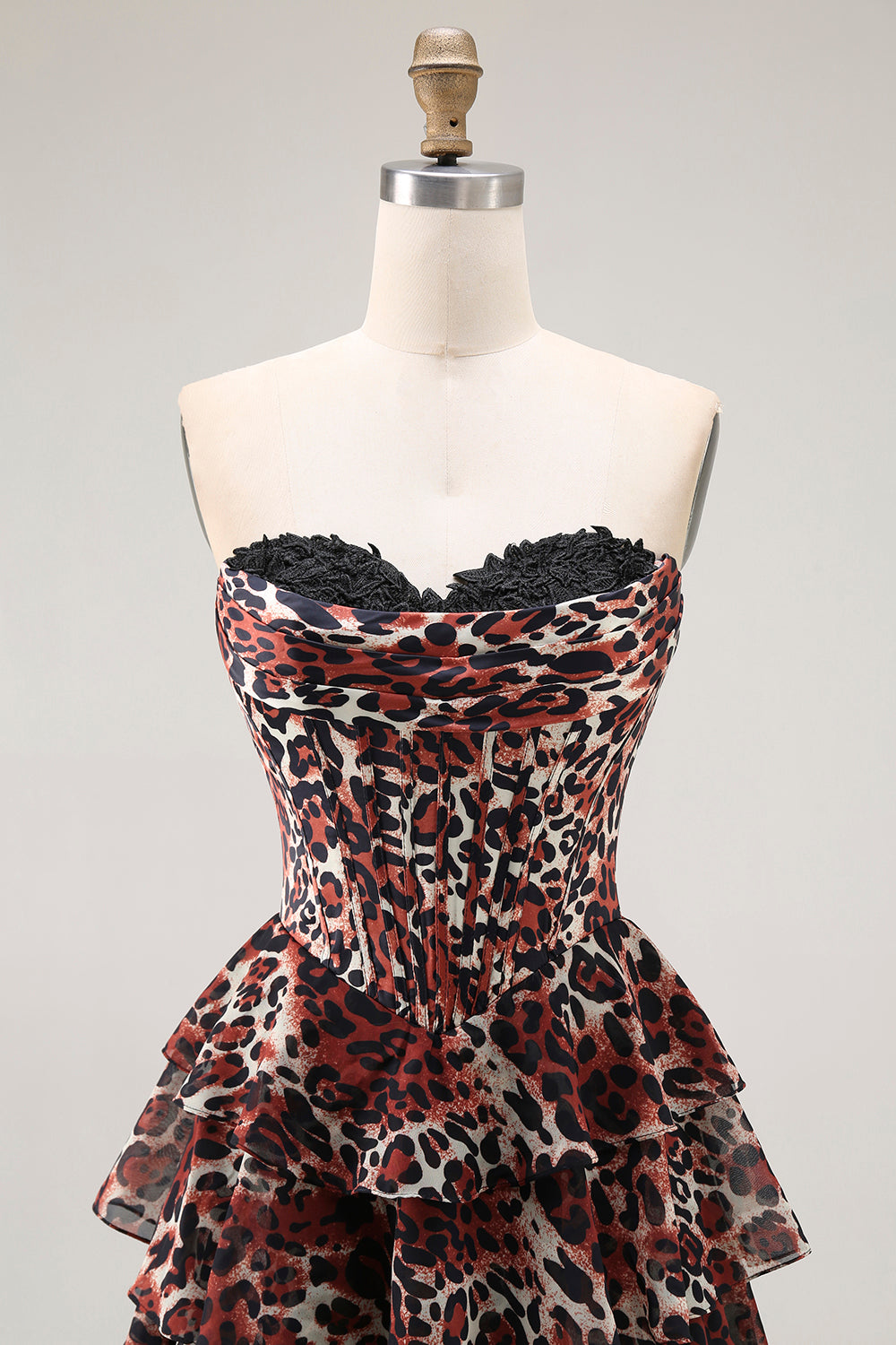 Brown Leopard Strapless A Line Ruffled Long Prom Dress