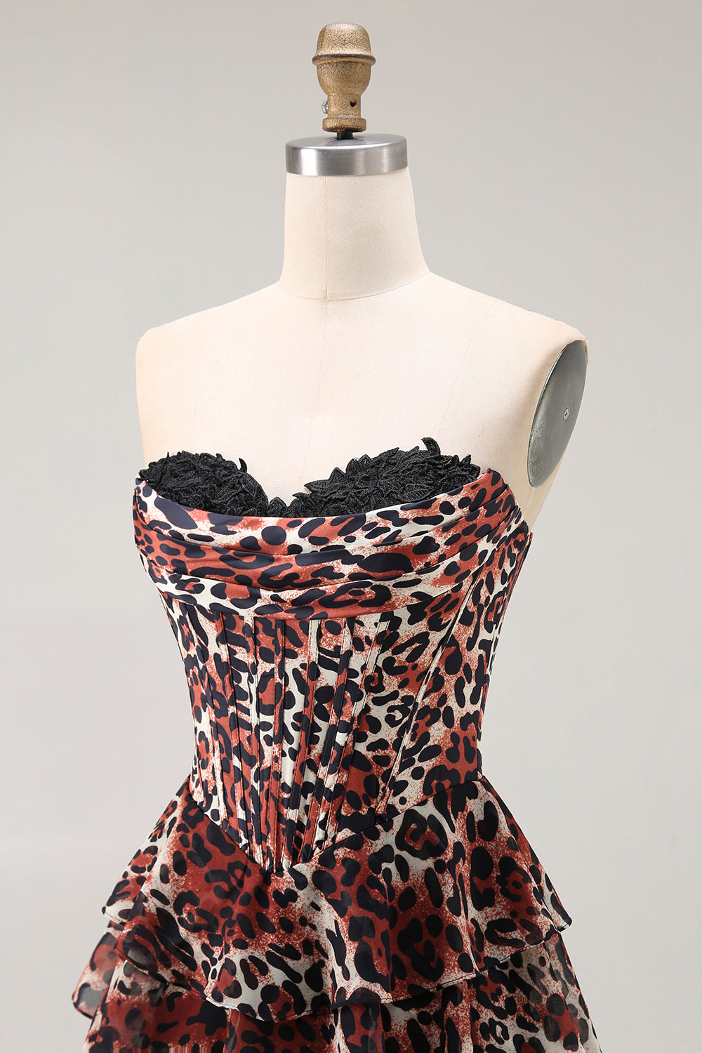 Brown Leopard Strapless A Line Ruffled Long Prom Dress