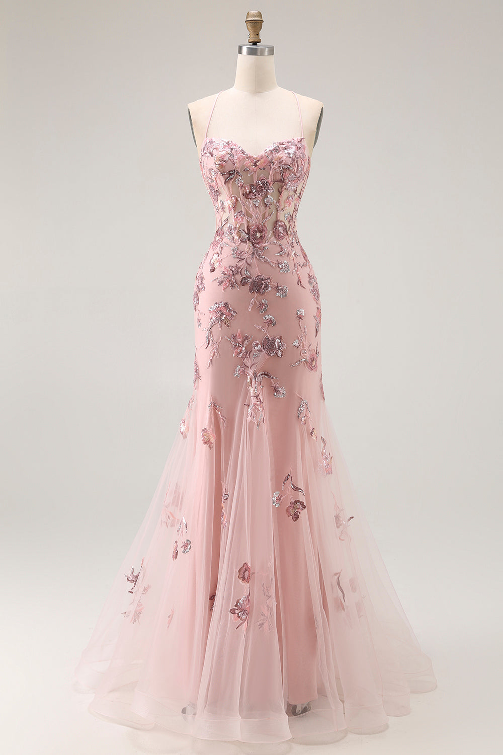 Sparkly Floral Blush Mermaid Corset Long Prom Dress
