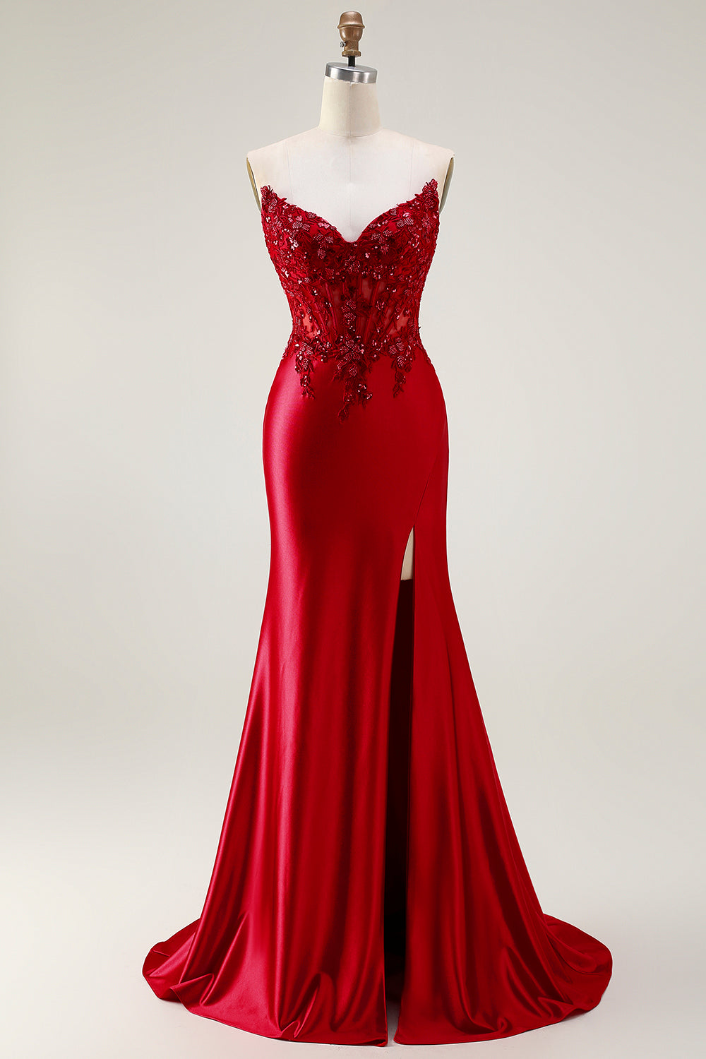 Sparkly Red Beaded Strapless Mermaid Corset Long Prom Dress with Slit