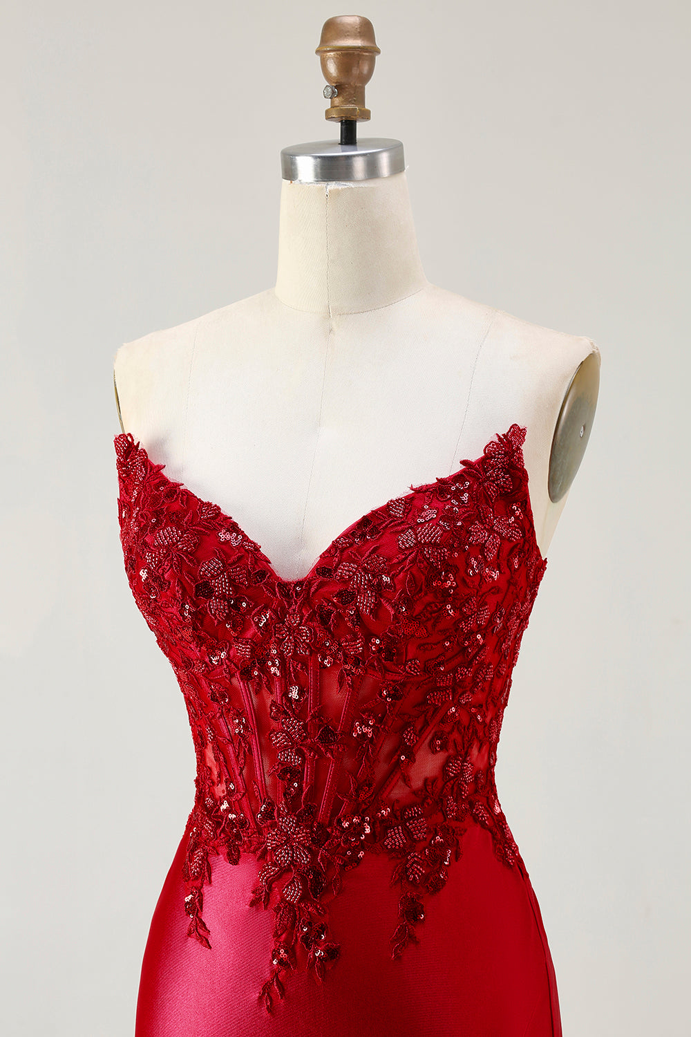 Sparkly Red Beaded Strapless Mermaid Corset Long Prom Dress with Slit