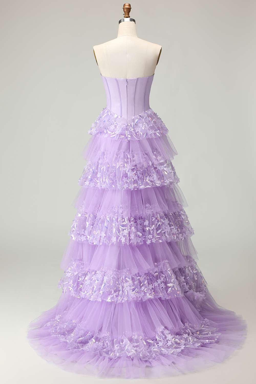 Sparkly Purple Floral Sequins Tiered Ruffled Long Corset Prom Dress with Butterflies