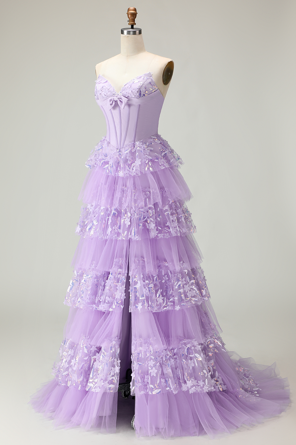 Sparkly Purple Floral Sequins Tiered Ruffled Long Corset Prom Dress with Butterflies