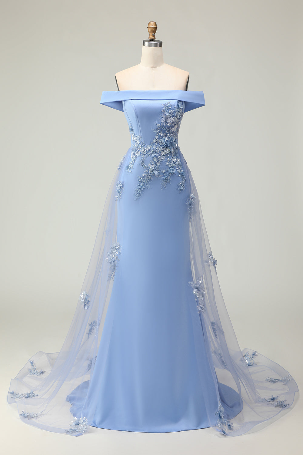 Floral Grey Blue Off the Shoulder Mermaid Long Prom Dress with Cape