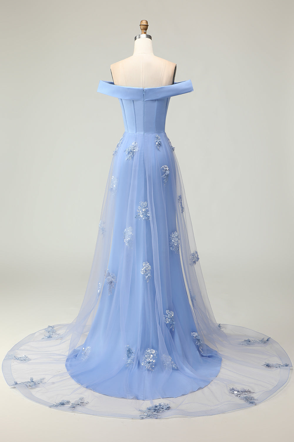 Floral Grey Blue Off the Shoulder Mermaid Long Prom Dress with Cape