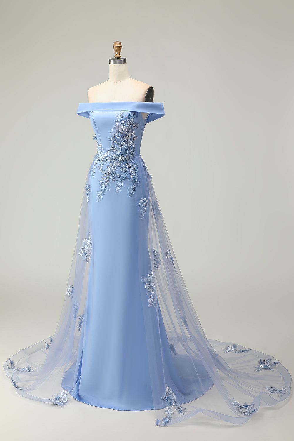 Floral Grey Blue Off the Shoulder Mermaid Long Prom Dress with Cape