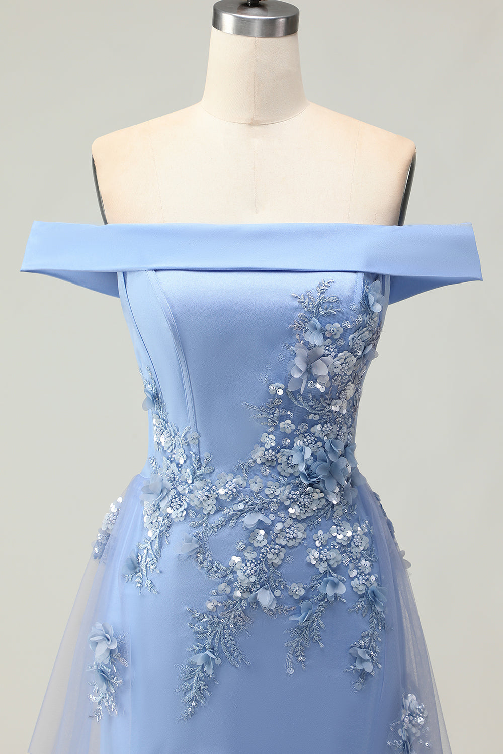Floral Grey Blue Off the Shoulder Mermaid Long Prom Dress with Cape