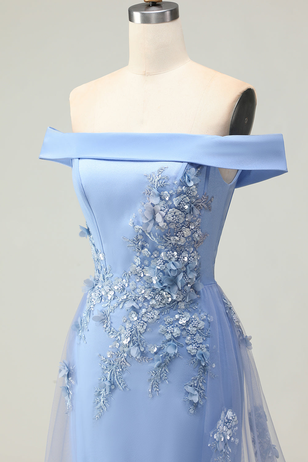 Floral Grey Blue Off the Shoulder Mermaid Long Prom Dress with Cape