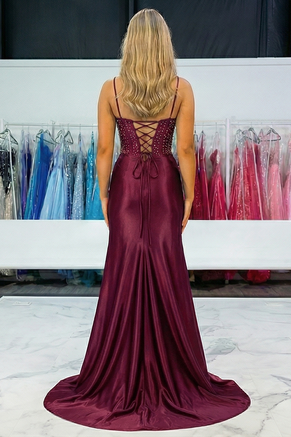 Sparkly Navy Floral Satin Beaded Mermaid Corset Long Prom Dress with Slit