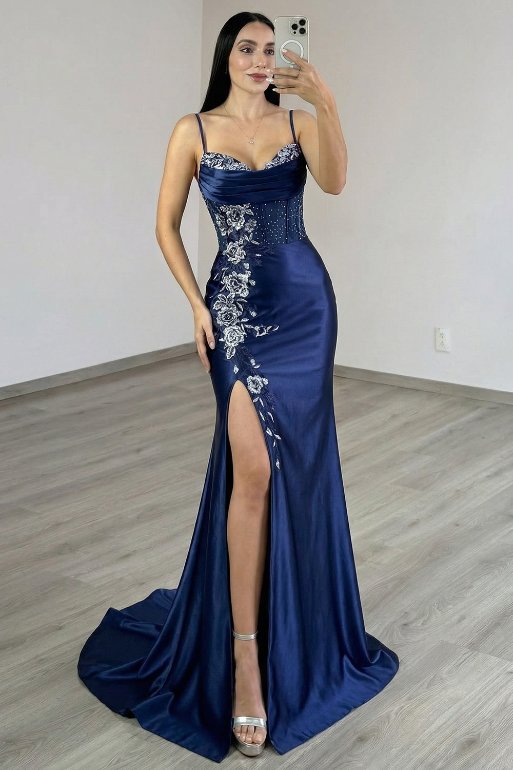 Sparkly Navy Floral Satin Beaded Mermaid Corset Long Prom Dress with Slit