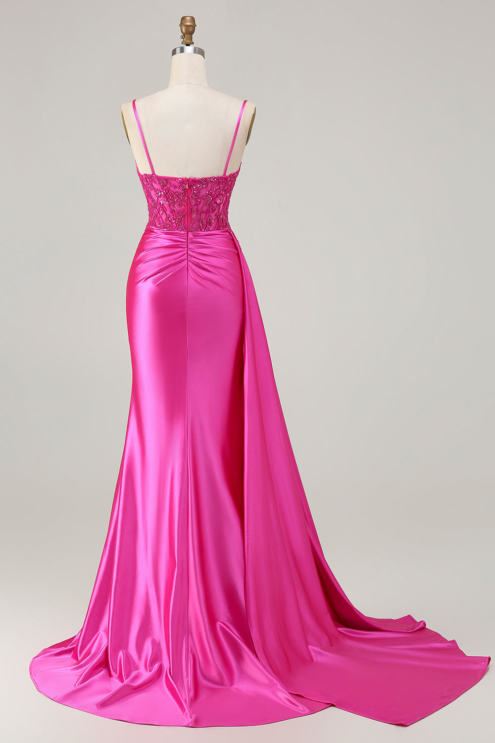 Sparkly Fuchsia Mermaid Spaghetti Straps Long Prom Dress with Slit