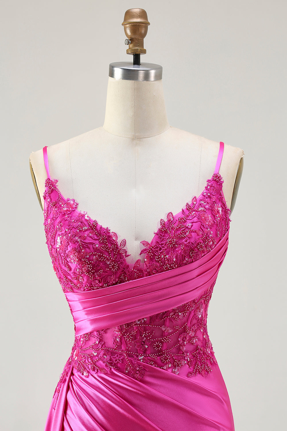 Sparkly Fuchsia Mermaid Spaghetti Straps Long Prom Dress with Slit