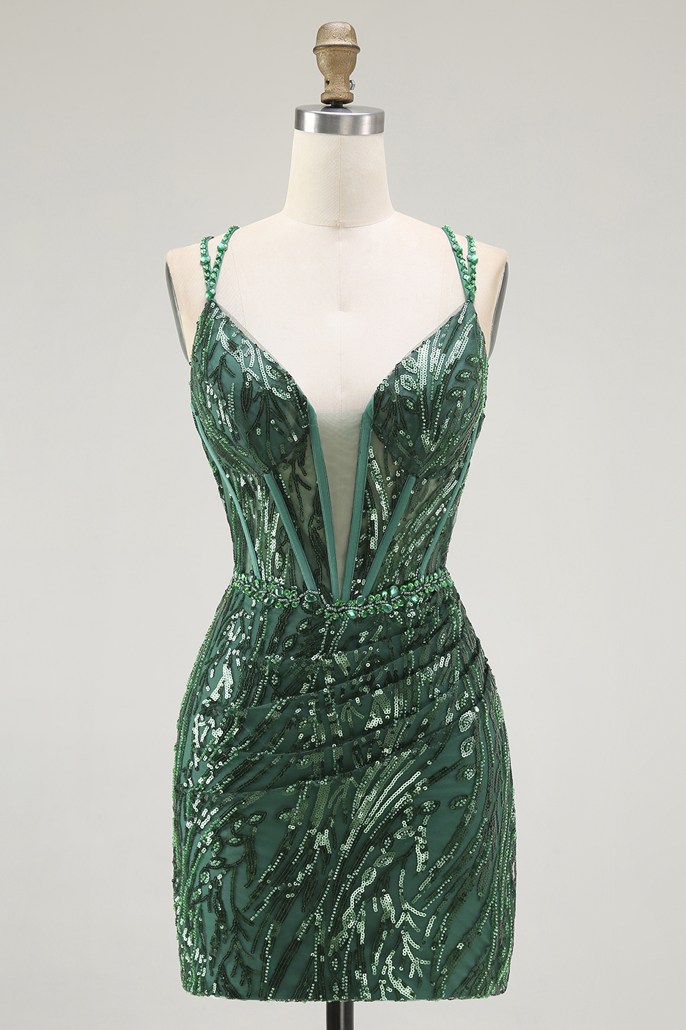 Sparkly Dark Green Sequin Short Corset Tight Homecoming Dress with Beading