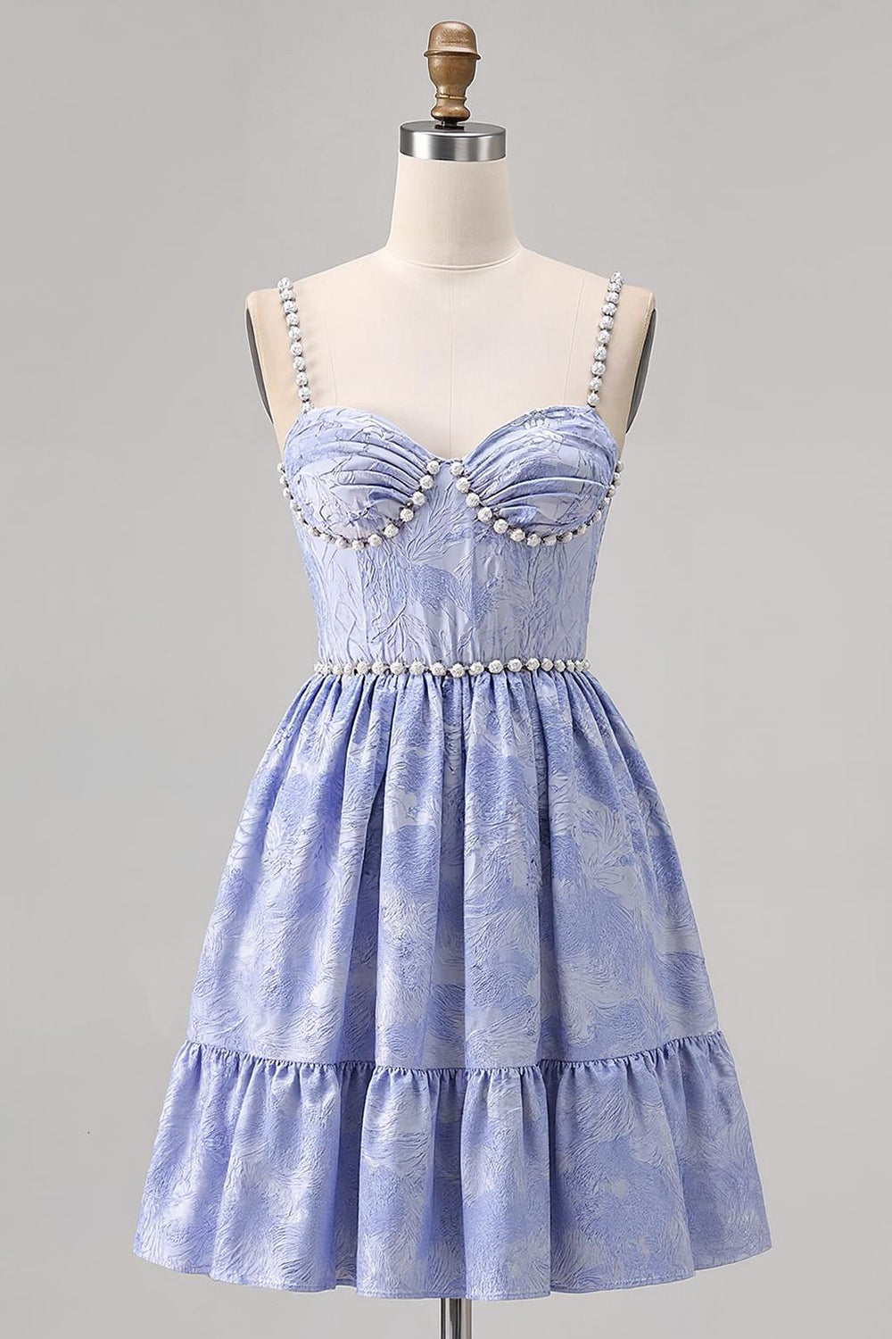 Sparkly Blue Jacquard A Line Short Homecoming Dress with Pearls