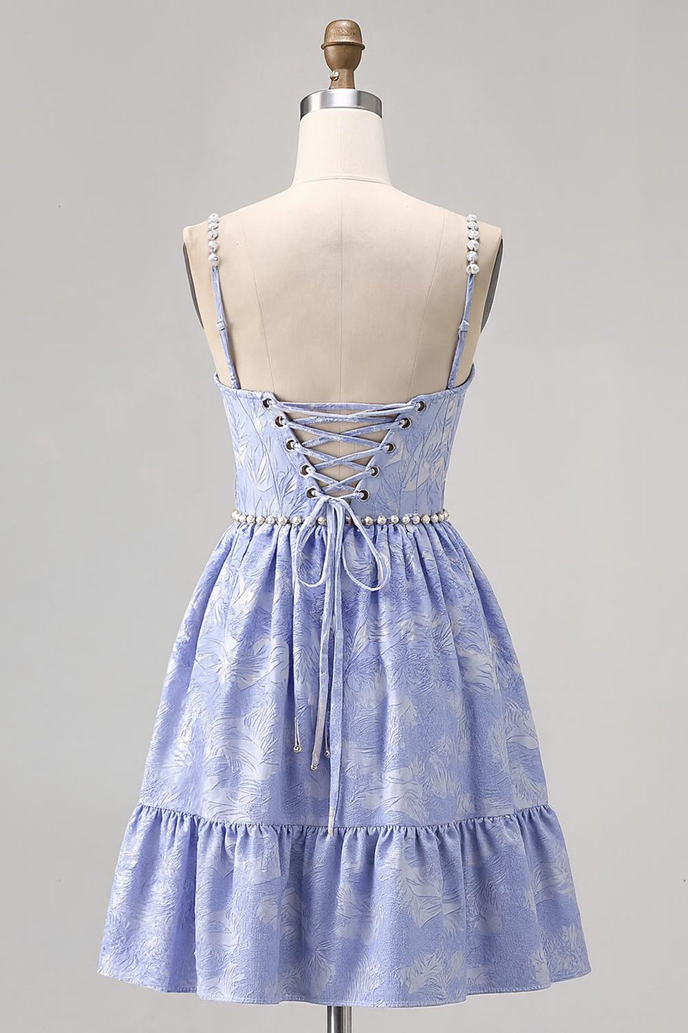Sparkly Blue Jacquard A Line Short Homecoming Dress with Pearls