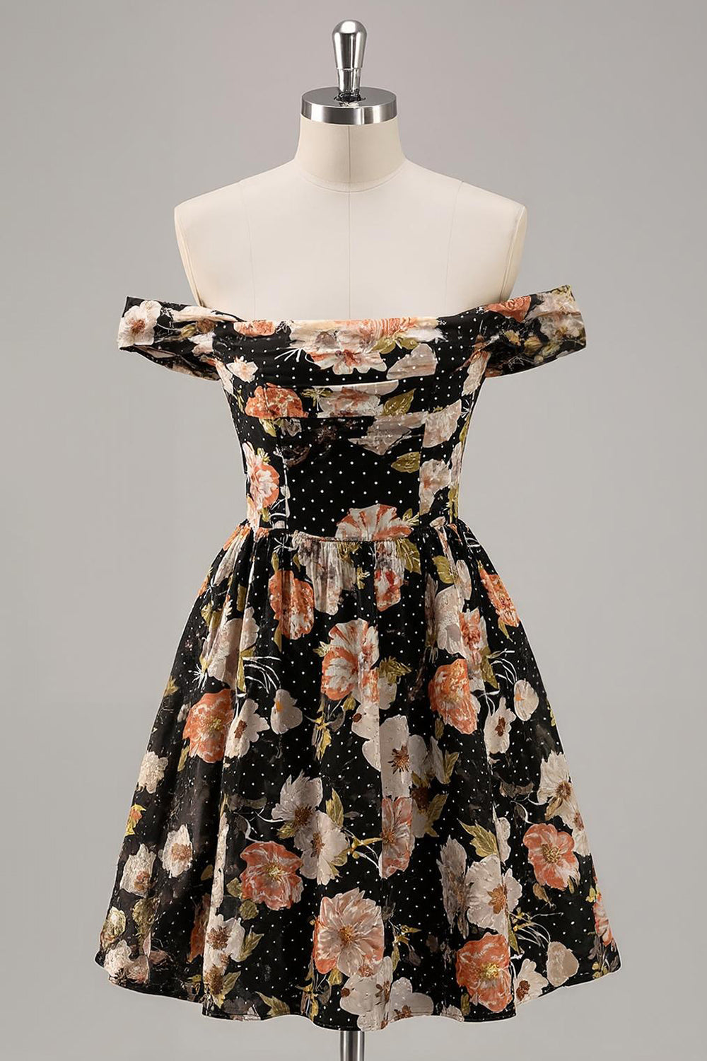 Sparkly Black Beaded Floral Off the Shoulder Short Homecoming Dress