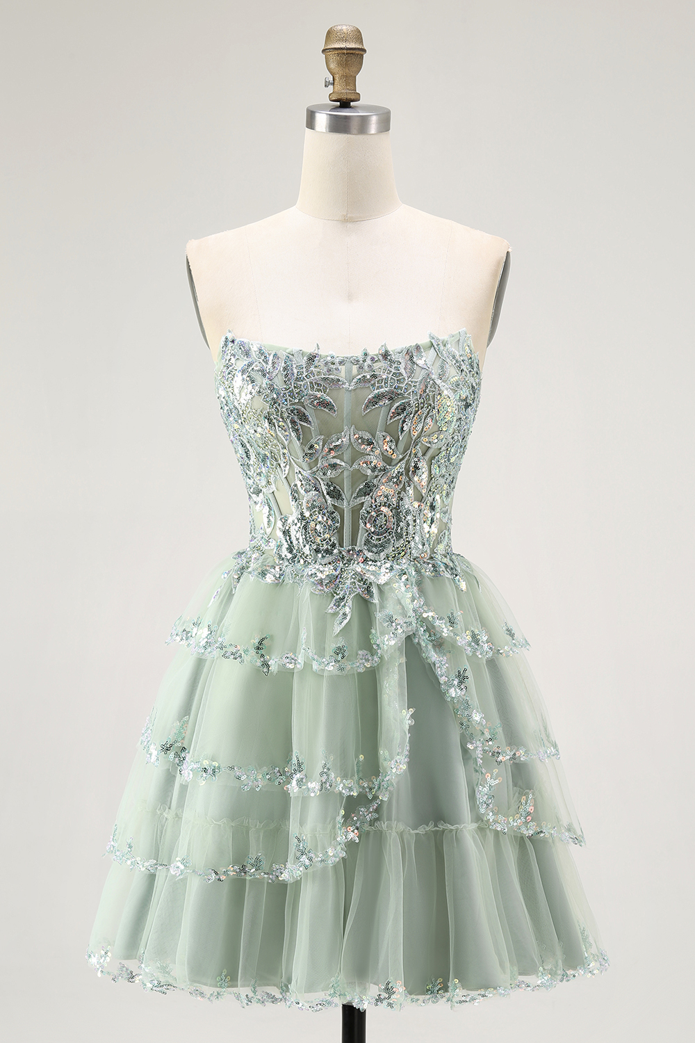 Sparkly Dusty Sage Strapless Short Tiered Homecoming Dress with Ruffles