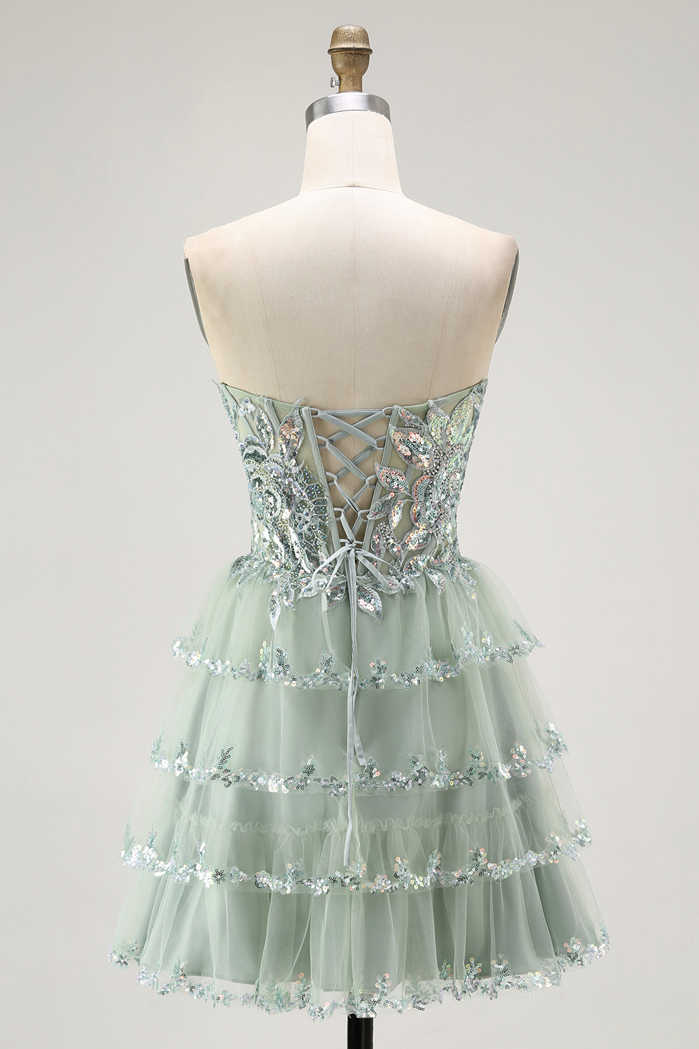 Sparkly Dusty Sage Strapless Short Tiered Homecoming Dress with Ruffles