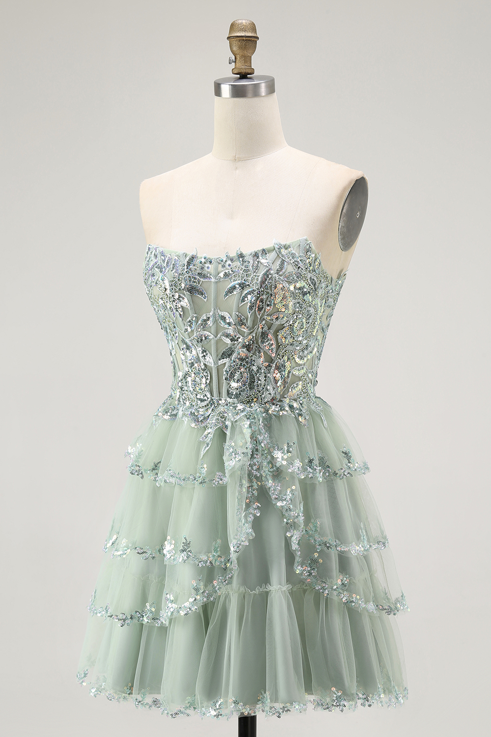 Sparkly Dusty Sage Strapless Short Tiered Homecoming Dress with Ruffles