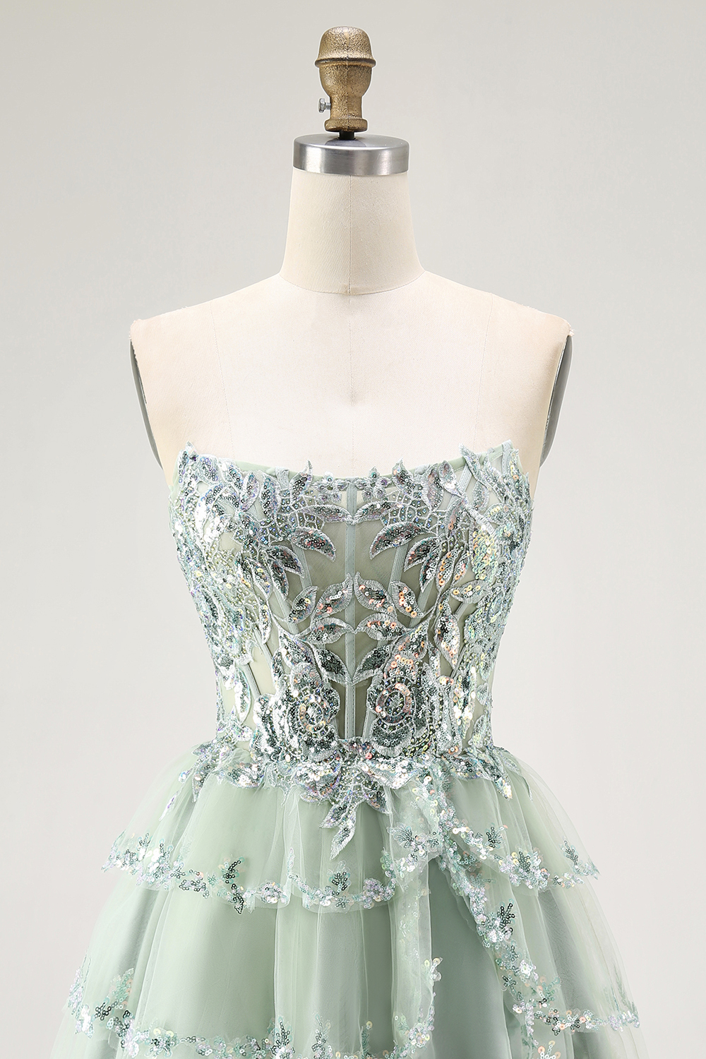 Sparkly Dusty Sage Strapless Short Tiered Homecoming Dress with Ruffles