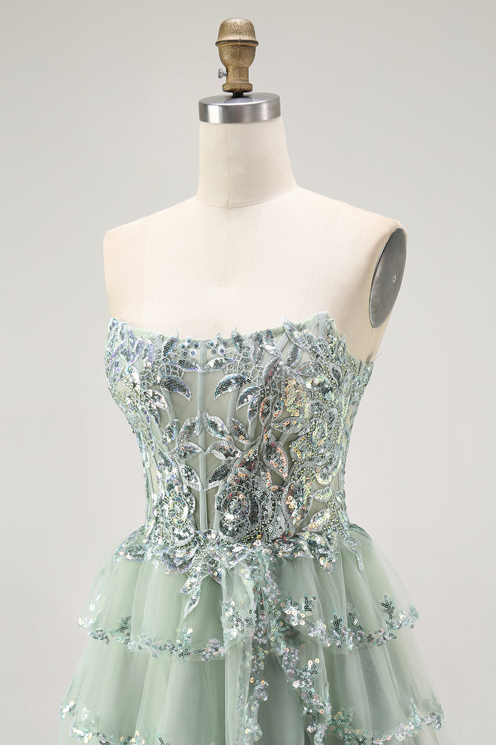 Sparkly Dusty Sage Strapless Short Tiered Homecoming Dress with Ruffles