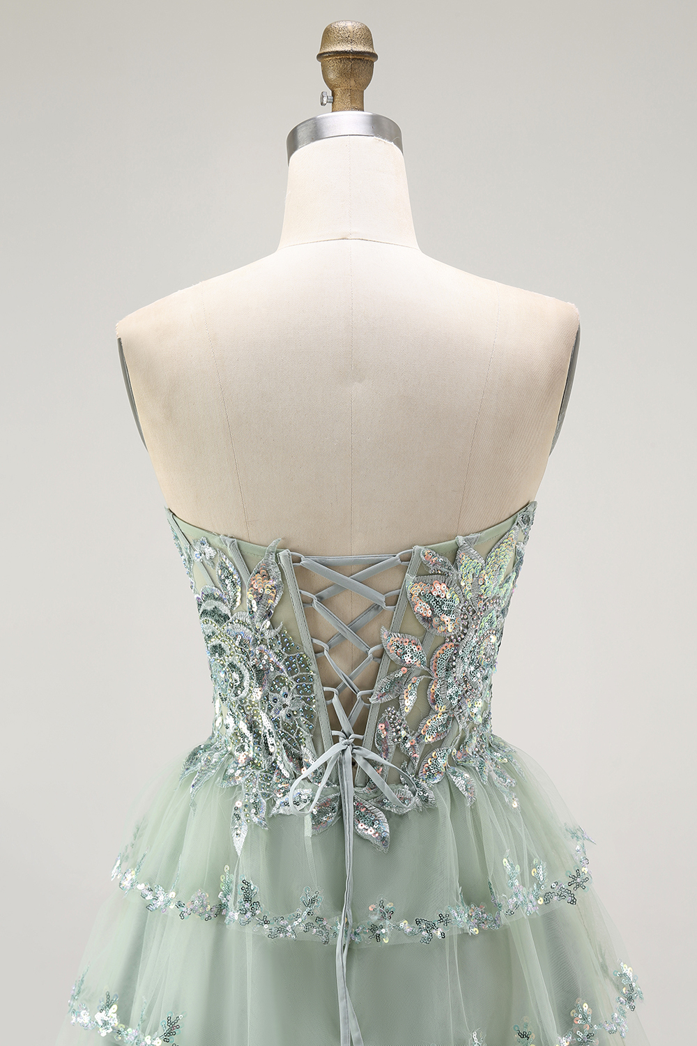 Sparkly Dusty Sage Strapless Short Tiered Homecoming Dress with Ruffles