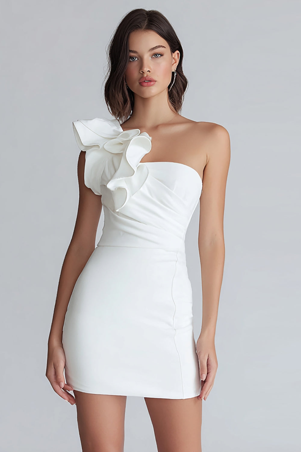 Ivory One Shoulder Satin Short Tight Homecoming Dress