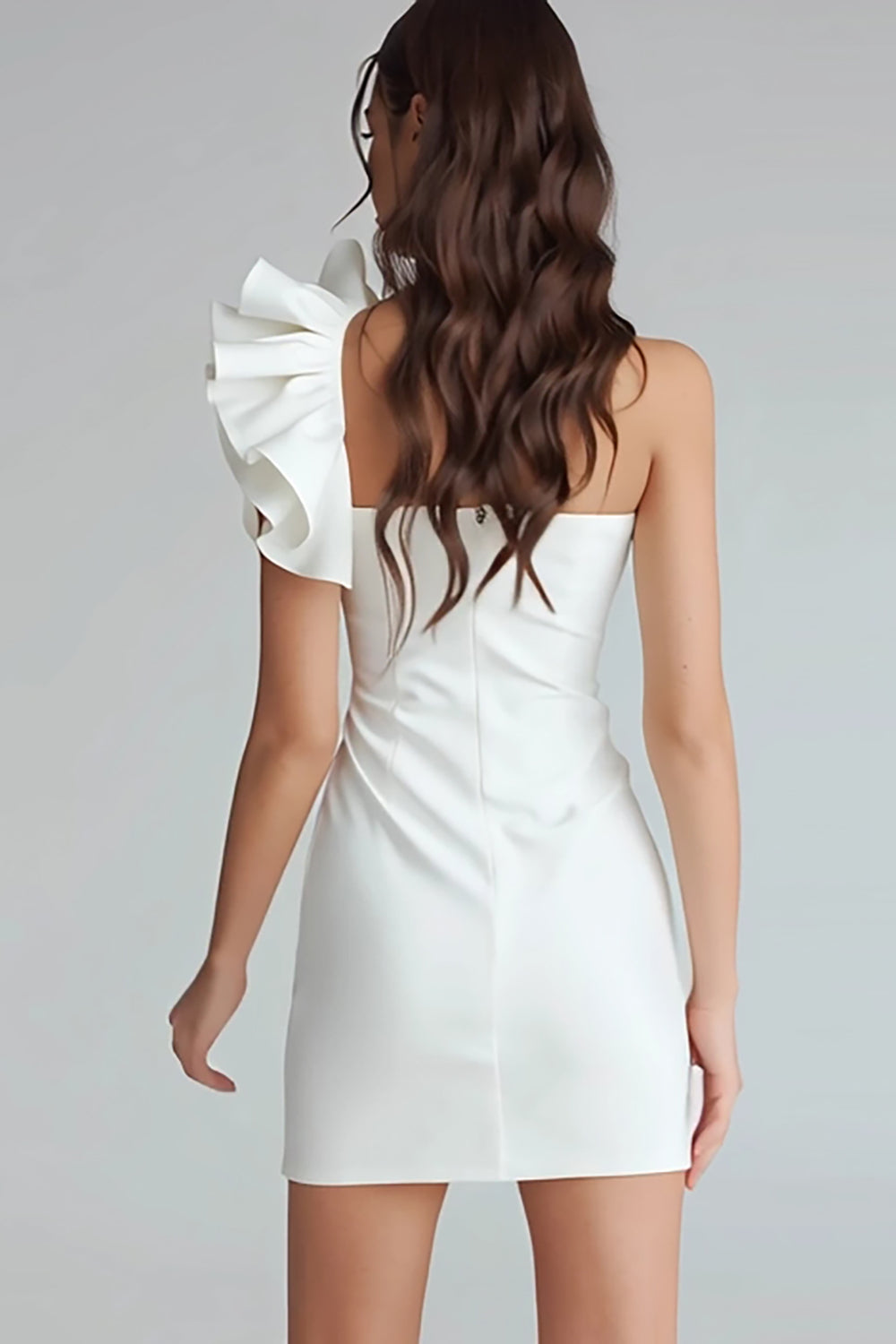 Ivory Satin One Shoulder Short Tight Homecoming Dress with Ruffles
