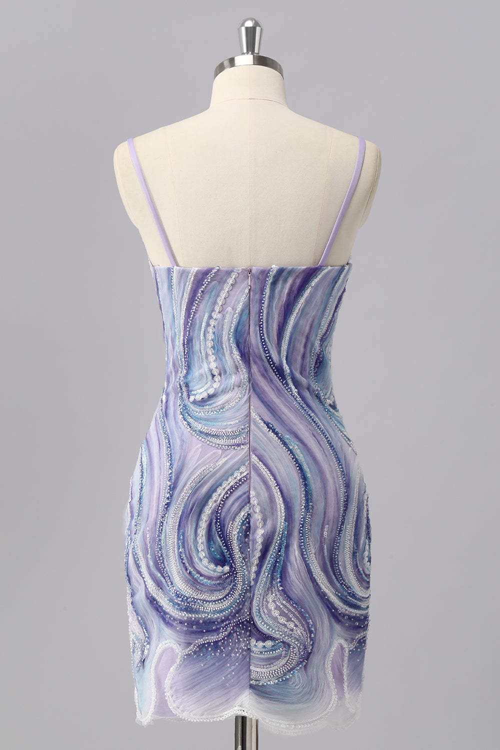 Sparkly Lilac Tight Spaghetti Straps Beaded Short Homecoming Dress