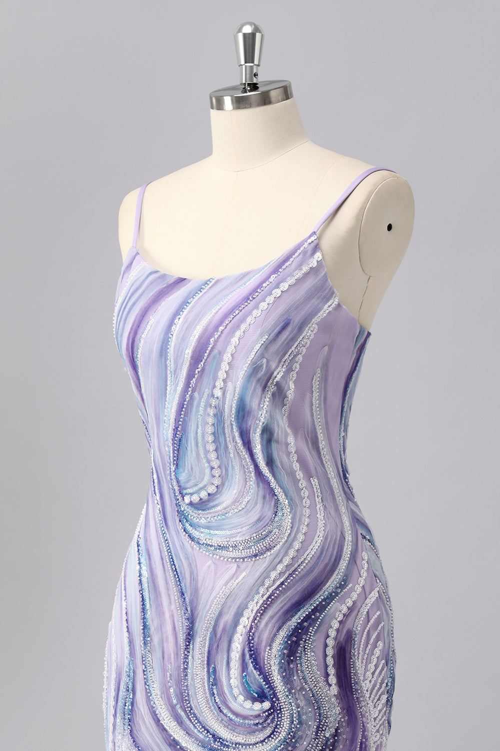 Sparkly Lilac Tight Spaghetti Straps Beaded Short Homecoming Dress