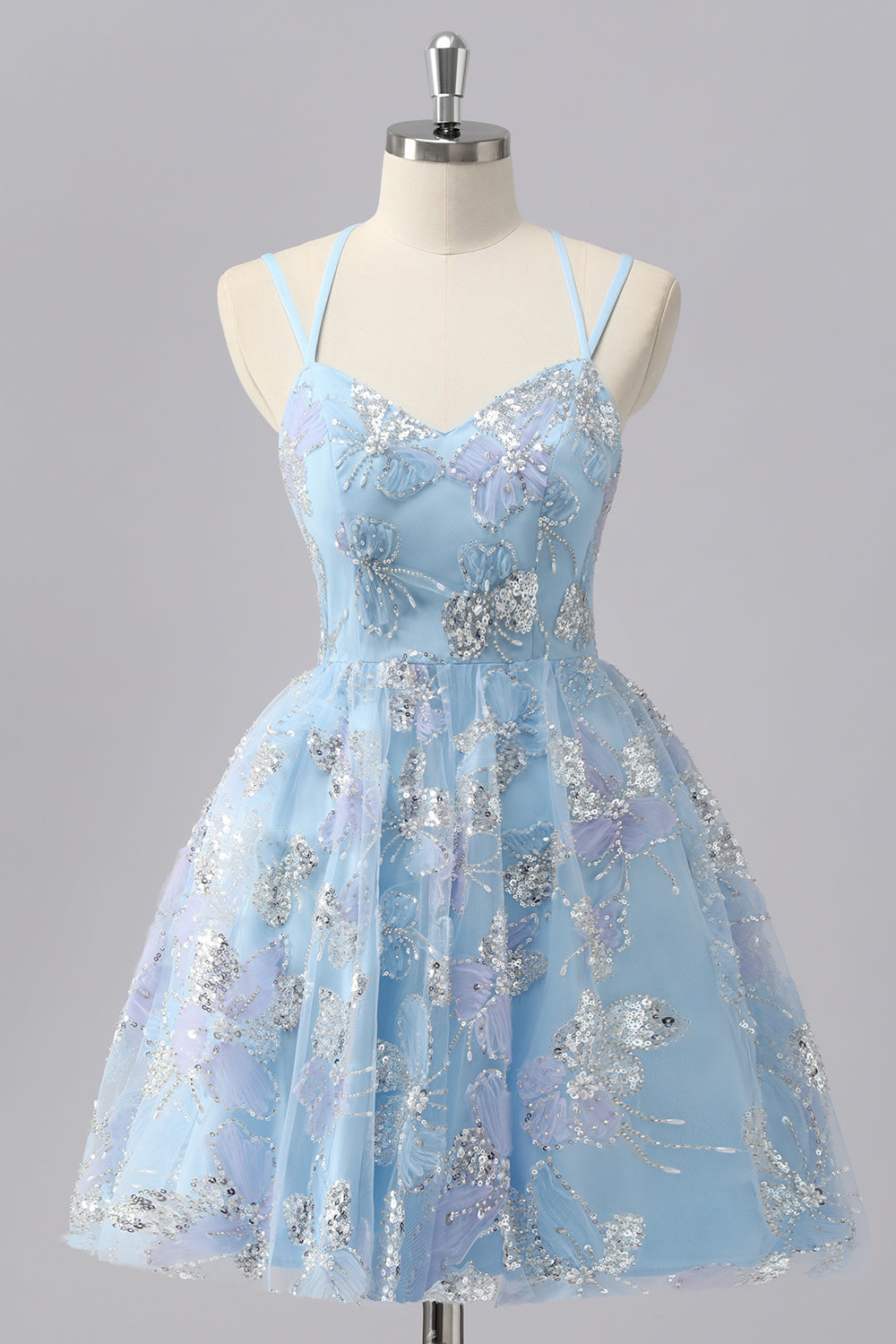Sparkly Blue Butterfly A Line Short Homecoming Dress with Sequins