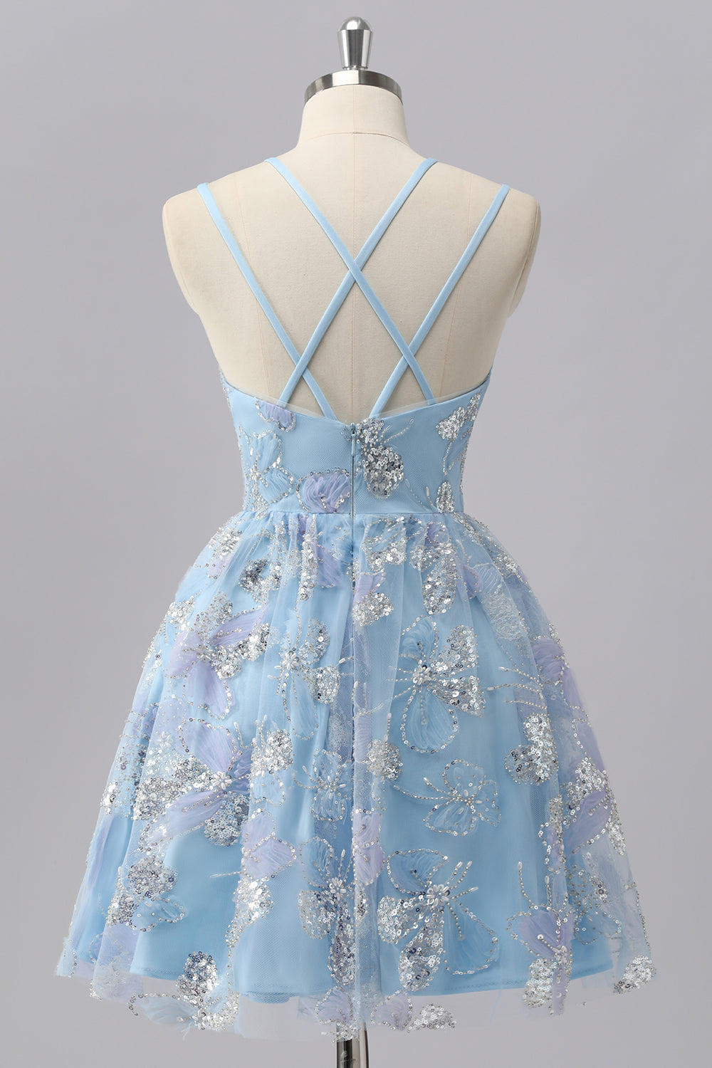 Sparkly Blue Butterfly A Line Short Homecoming Dress with Sequins