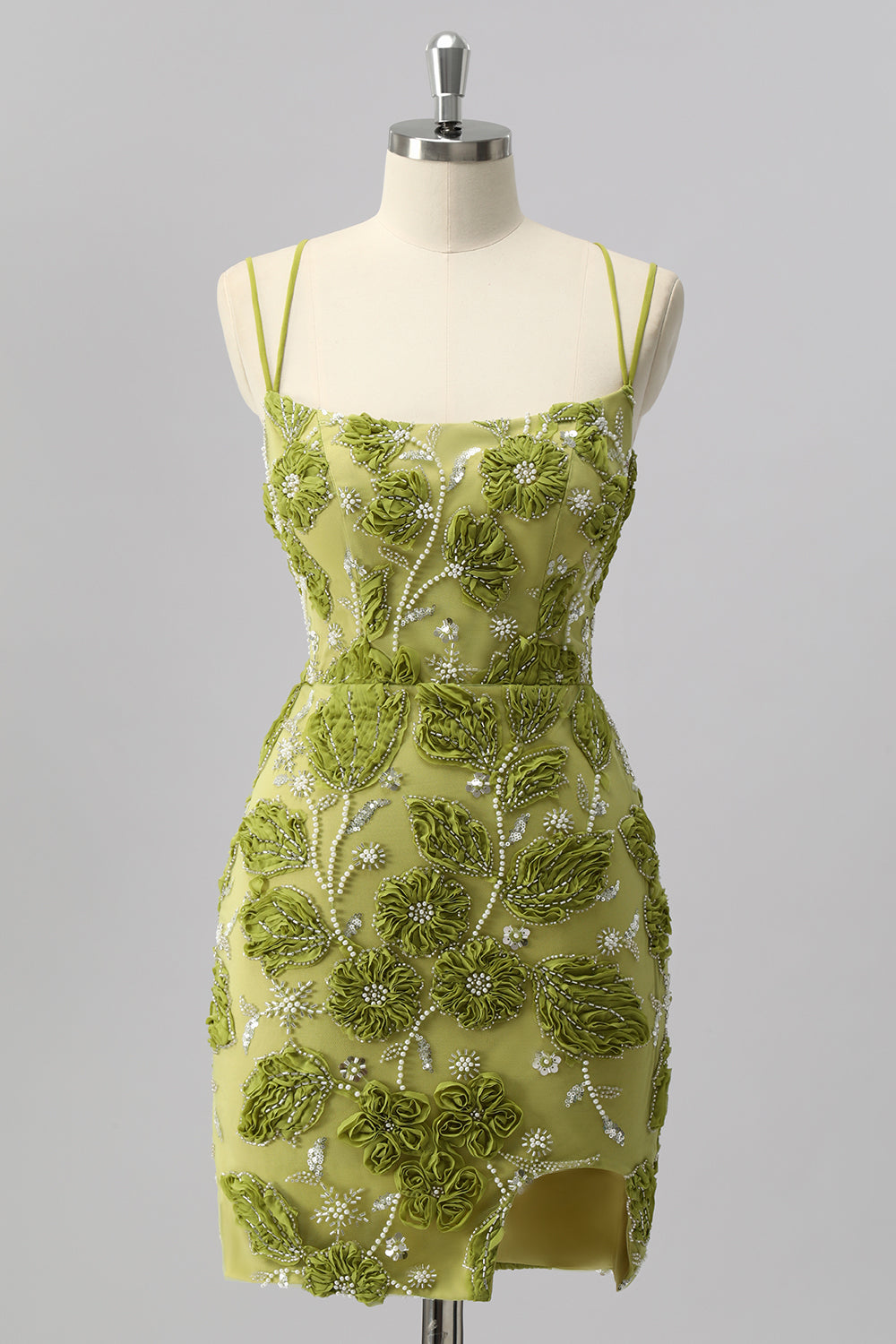 Sparkly Green Floral Cut Out Tight Short Homecoming Dress with Beading