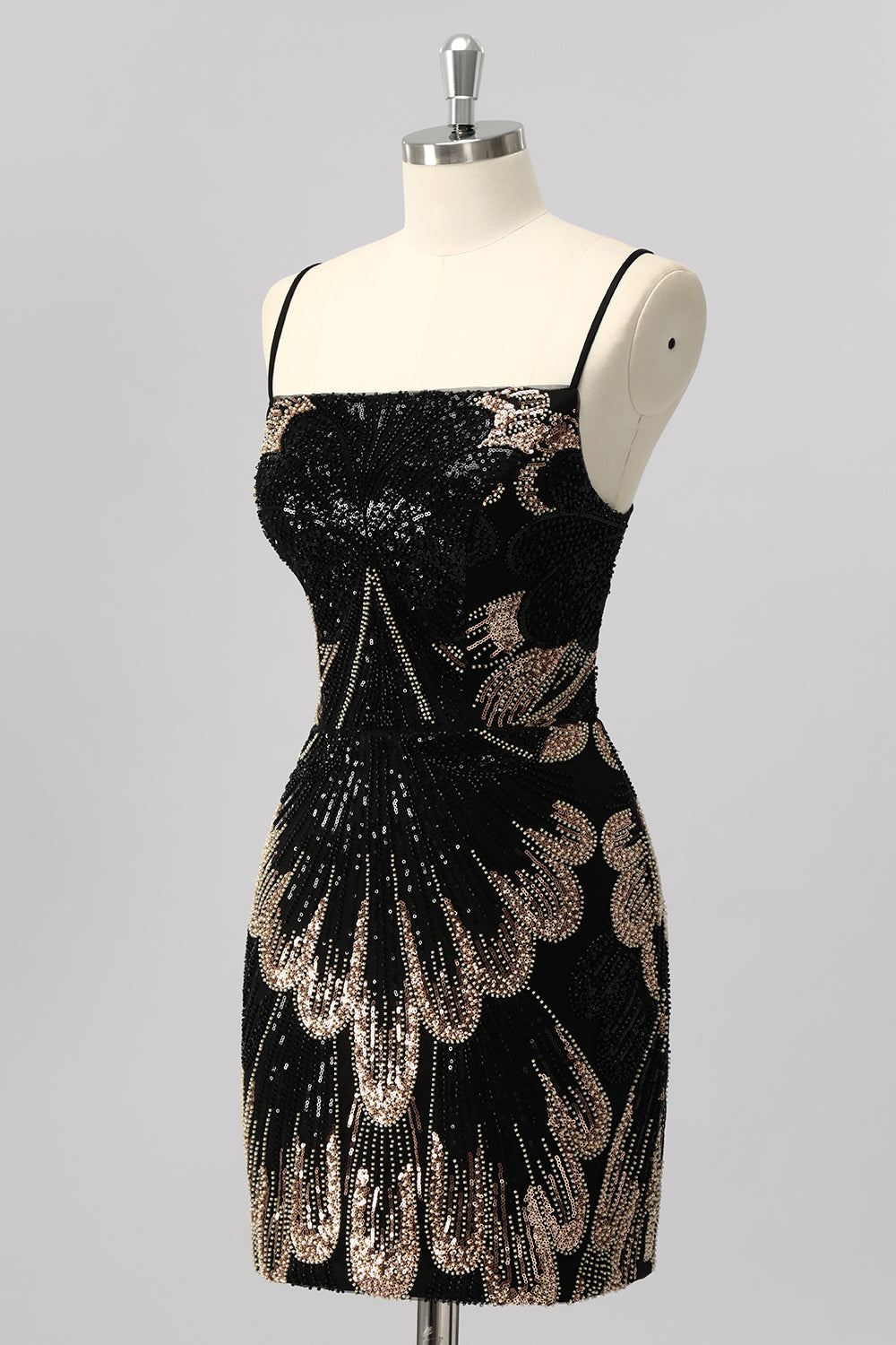 Sparkly Black Beaded Spaghetti Straps Tight Short Homecoming Dress