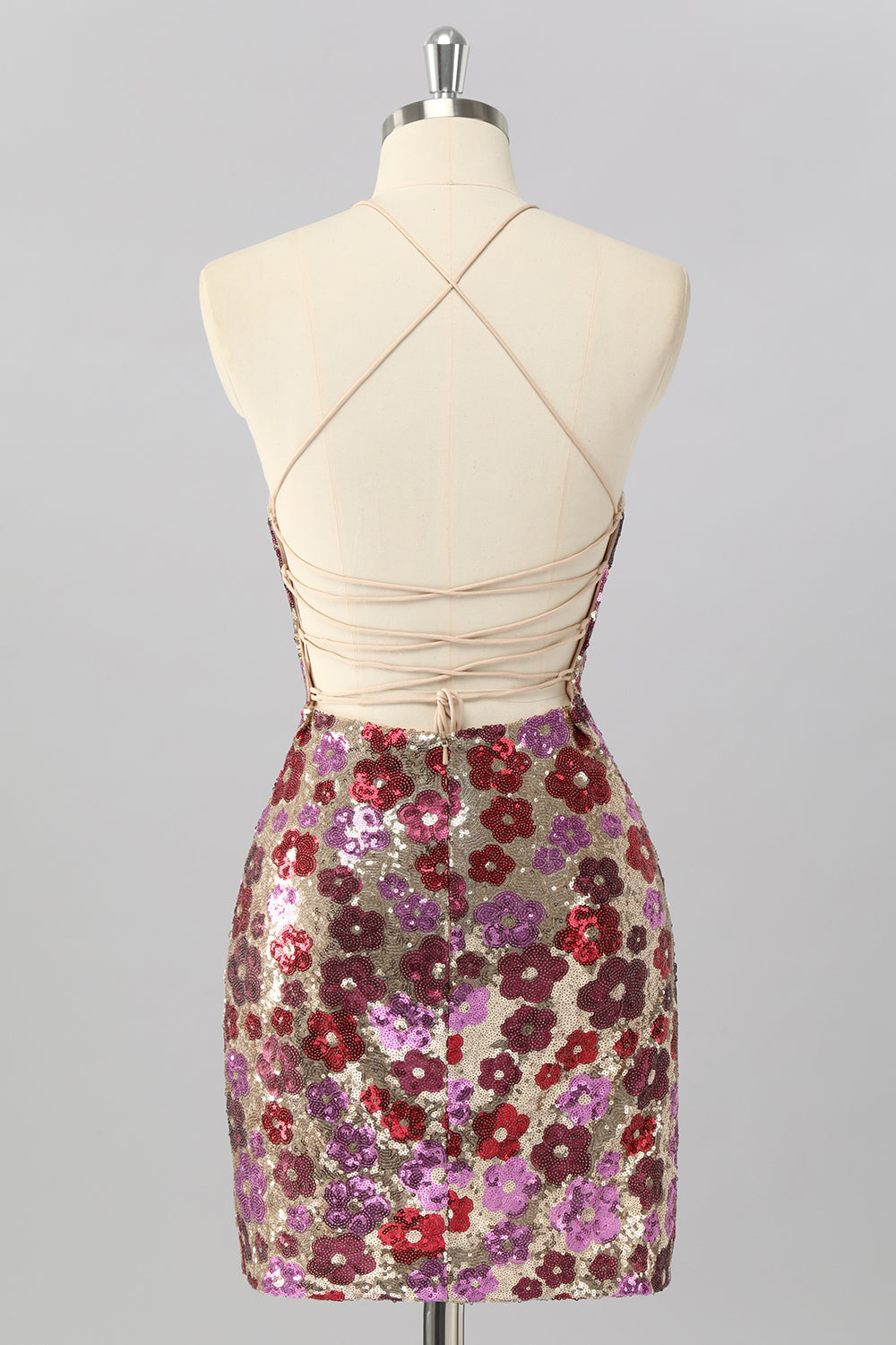 Sparkly Red Floral Sequin Tight Halter Short Homecoming Dress