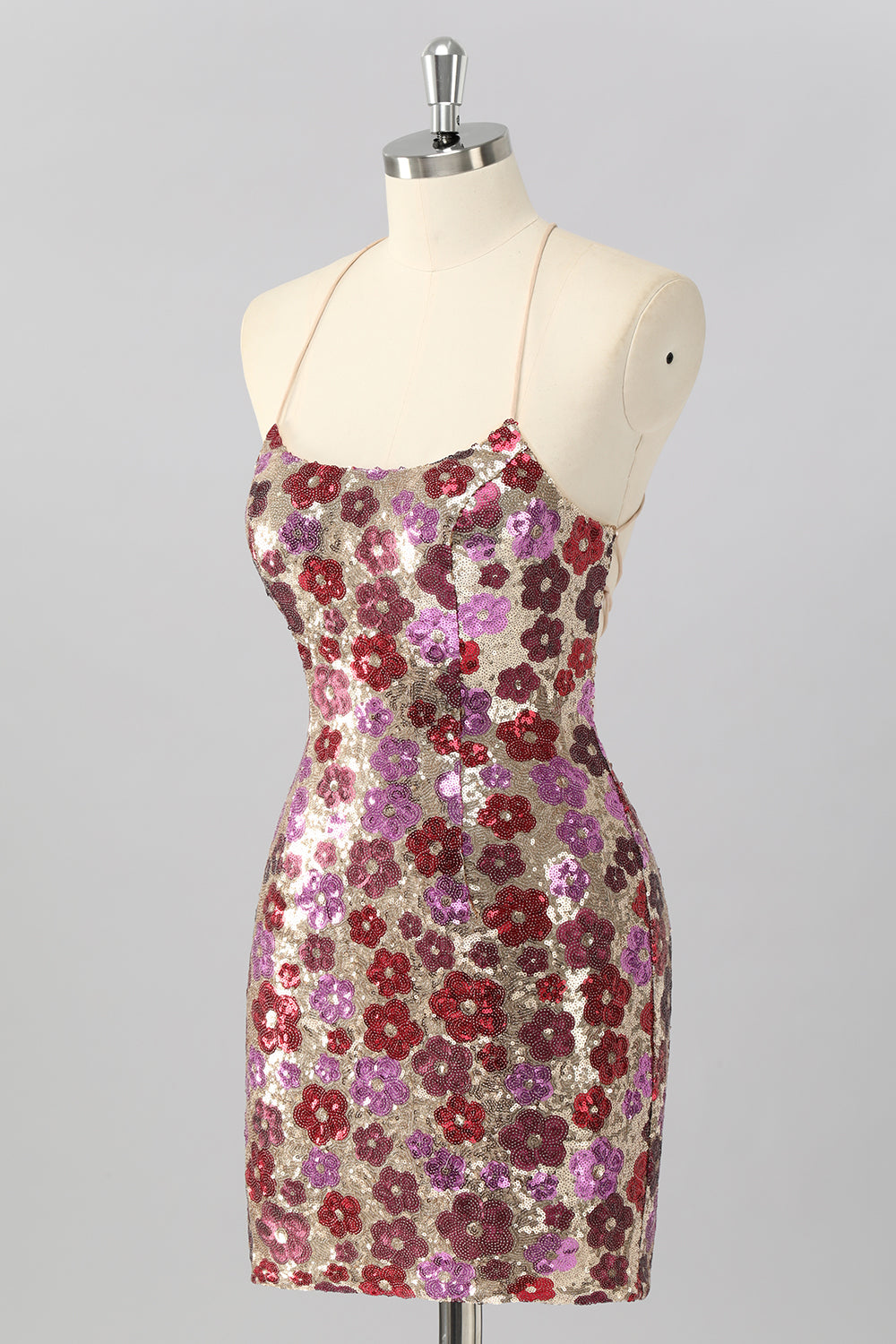 Sparkly Red Floral Sequin Tight Halter Short Homecoming Dress