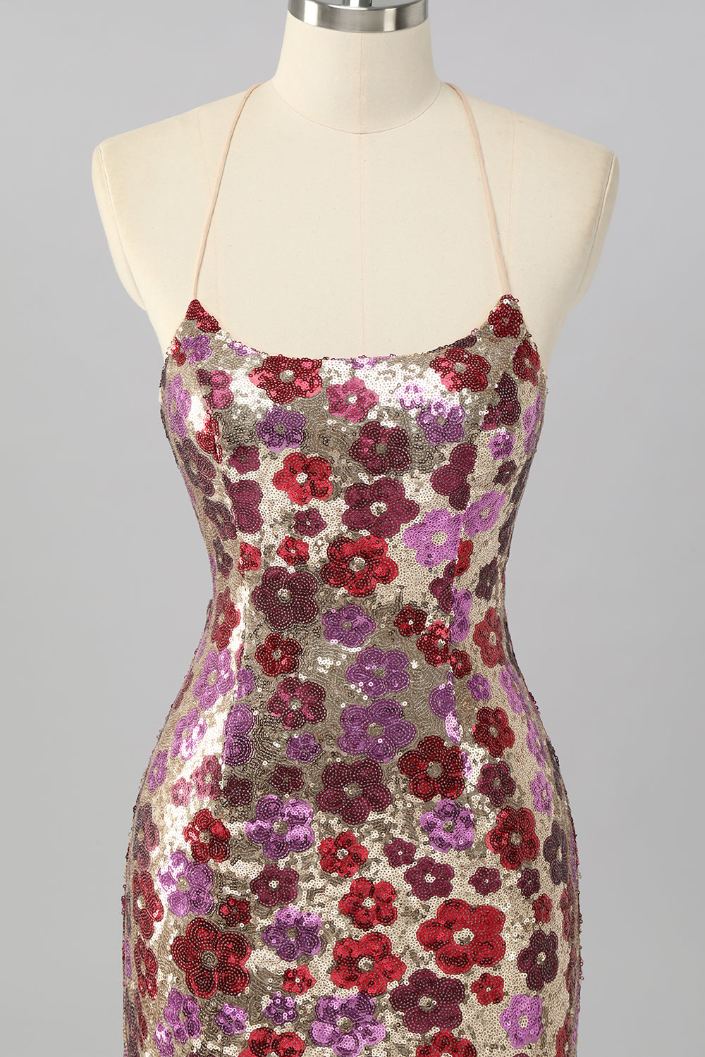 Sparkly Red Floral Sequin Tight Halter Short Homecoming Dress