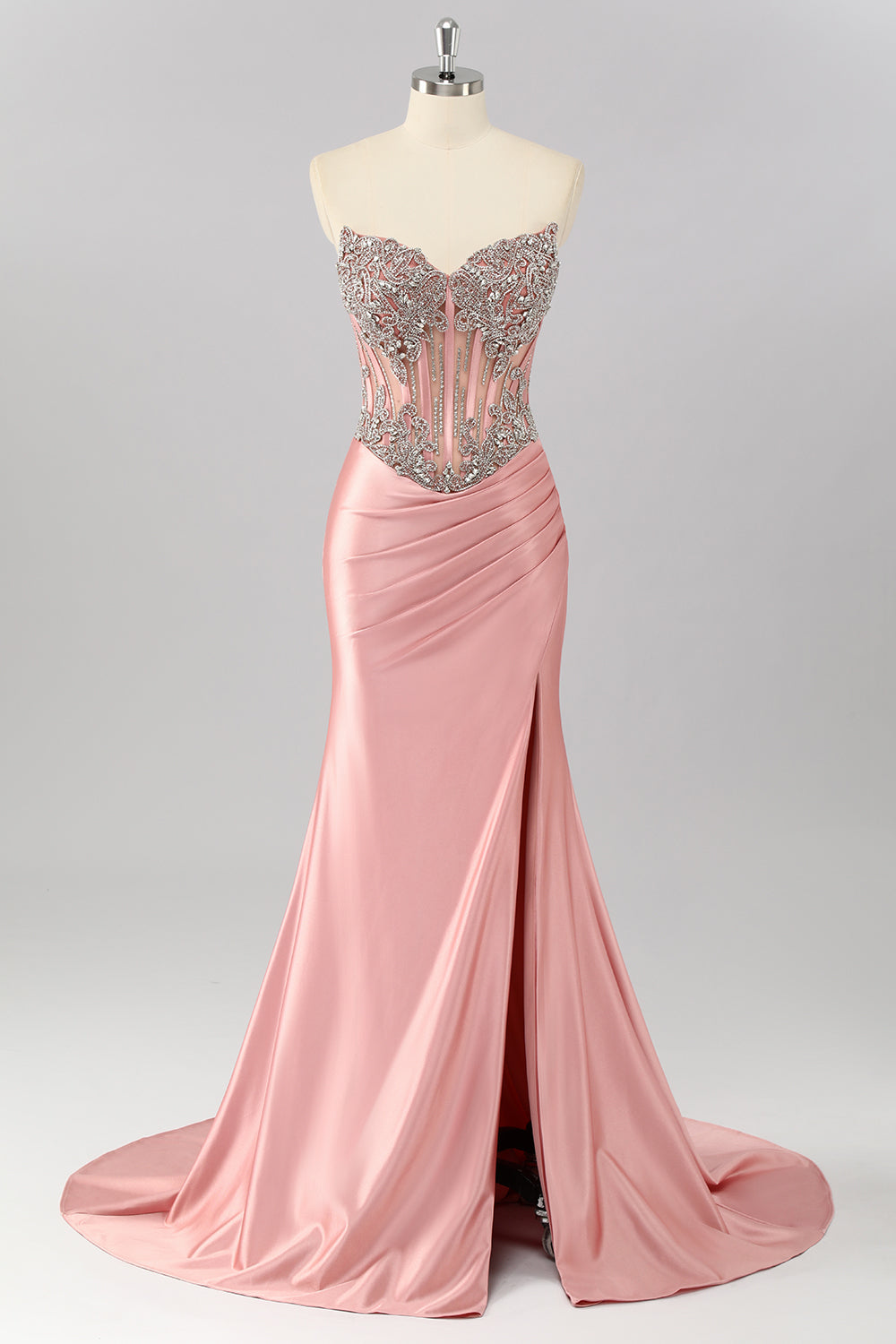 Sparkly Blush Strapless Beaded Corset Mermaid Long Prom Dress with Slit