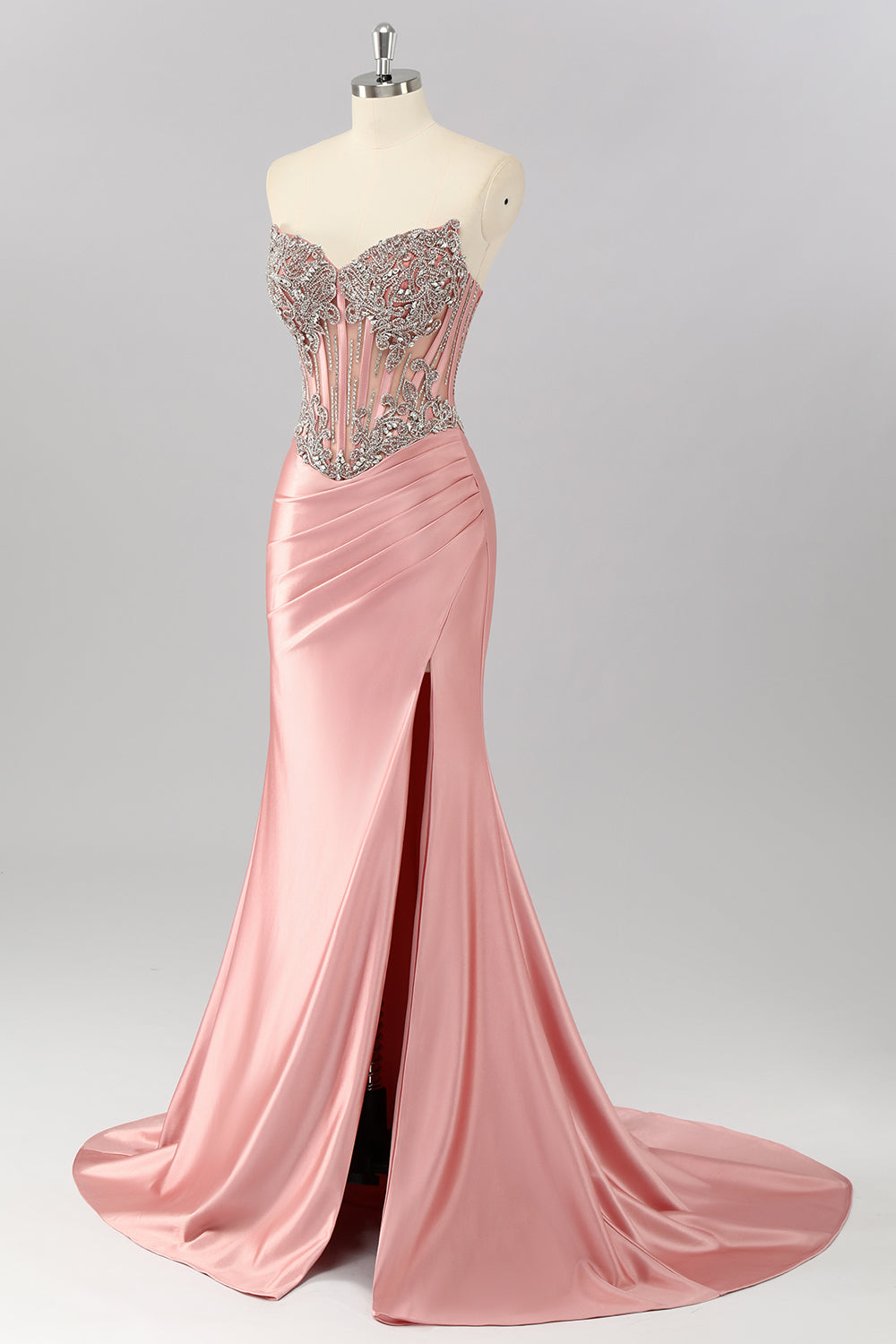 Sparkly Blush Strapless Beaded Corset Mermaid Long Prom Dress with Slit