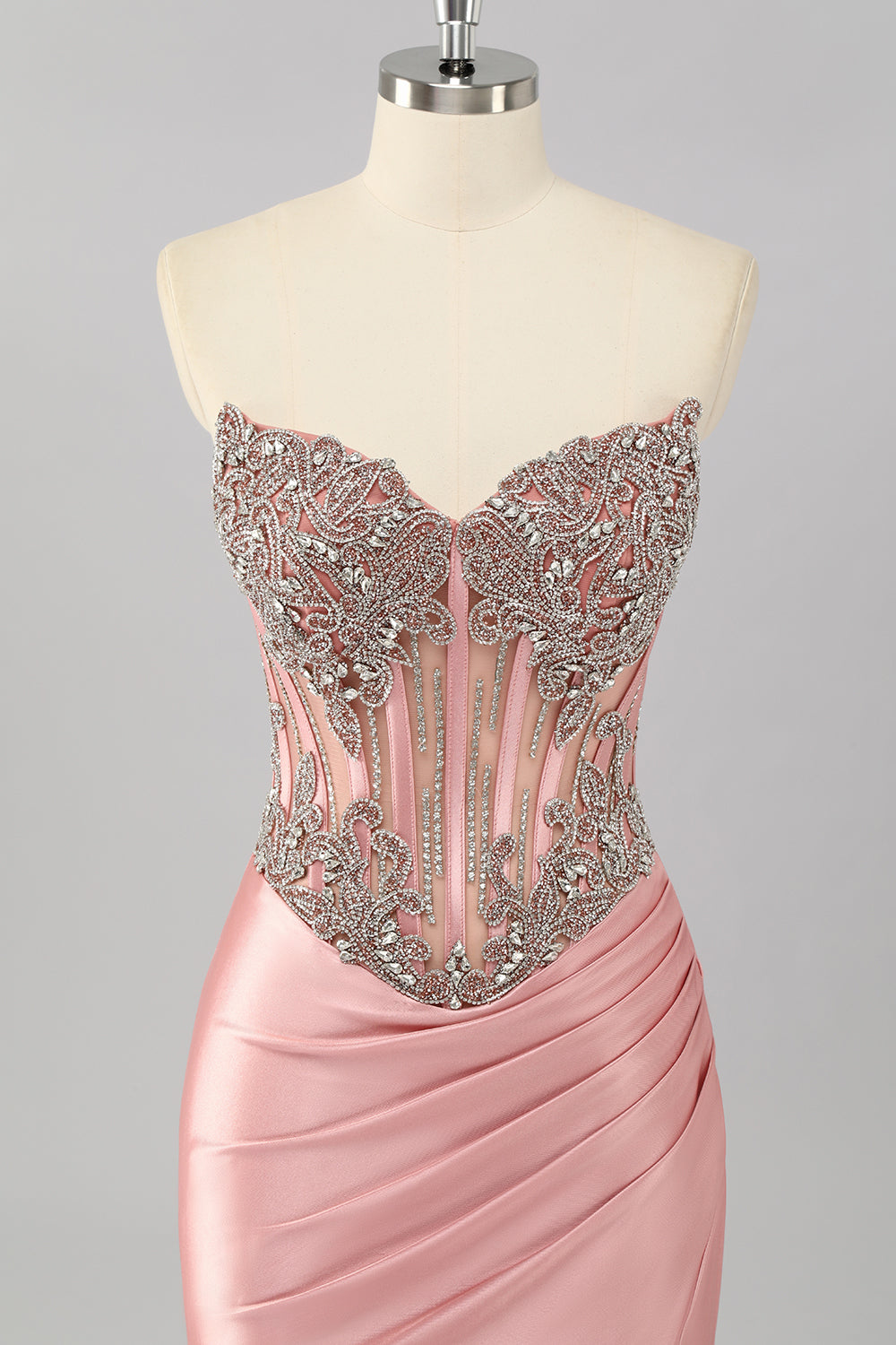 Sparkly Blush Strapless Beaded Corset Mermaid Long Prom Dress with Slit