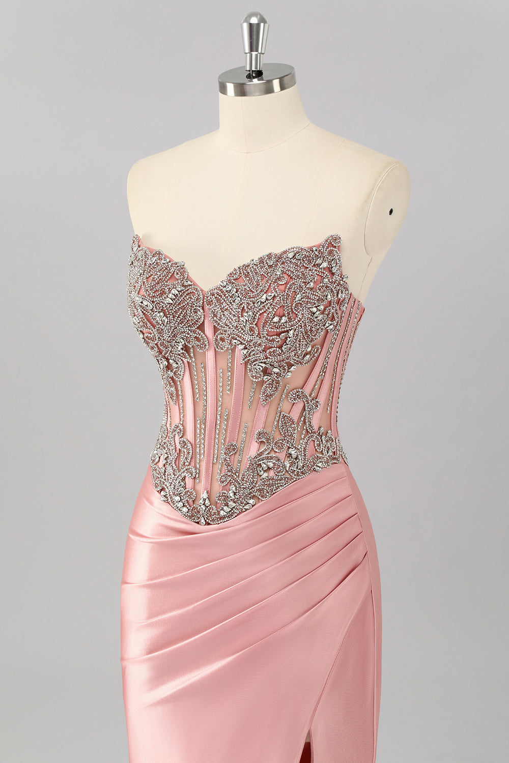 Sparkly Blush Strapless Beaded Corset Mermaid Long Prom Dress with Slit