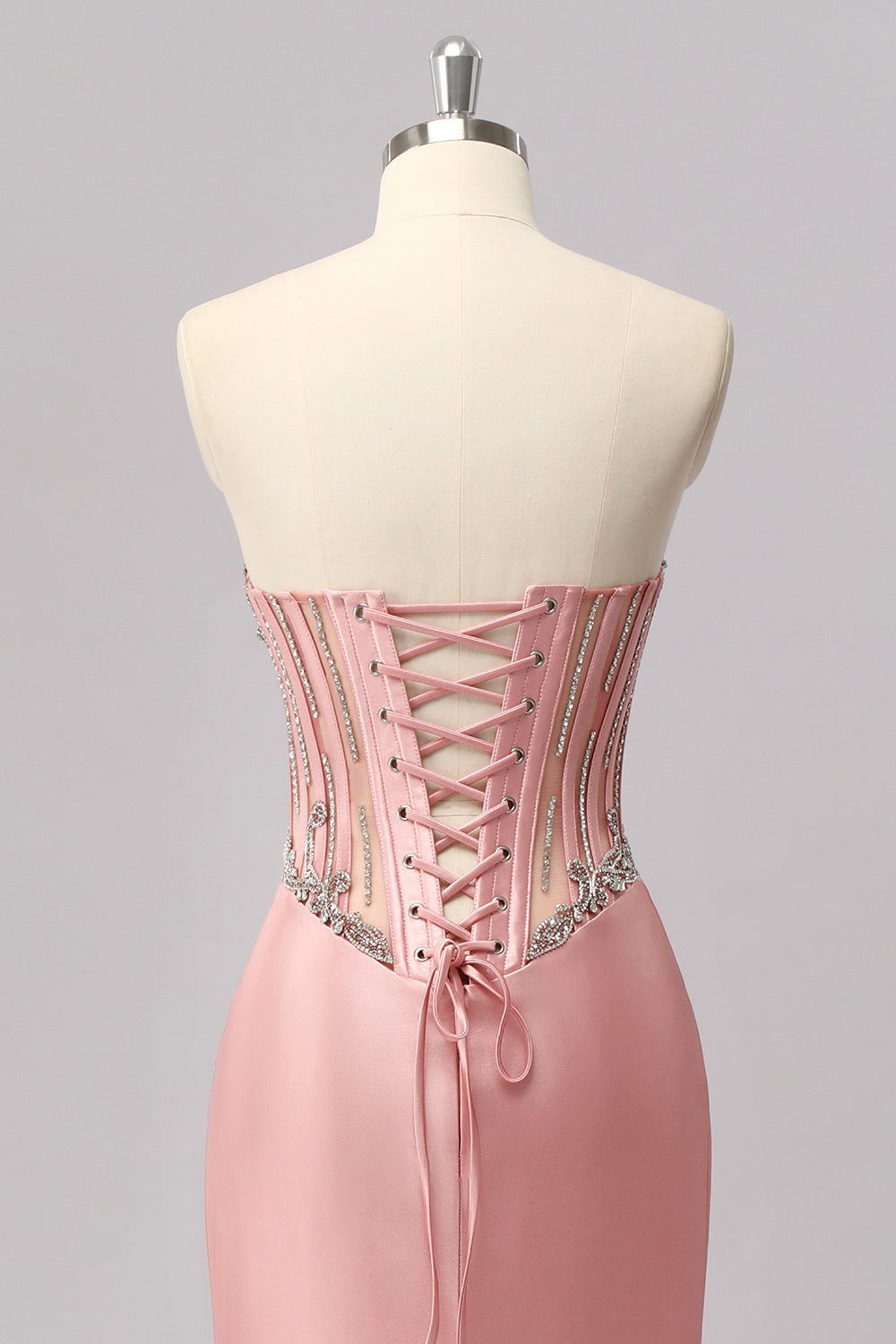 Sparkly Blush Strapless Beaded Corset Mermaid Long Prom Dress with Slit