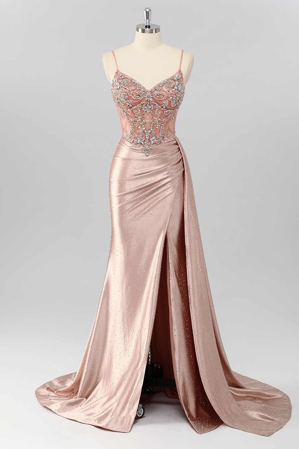 Sparkly Blush Beaded Mermaid Corset Long Prom Dress with Slit
