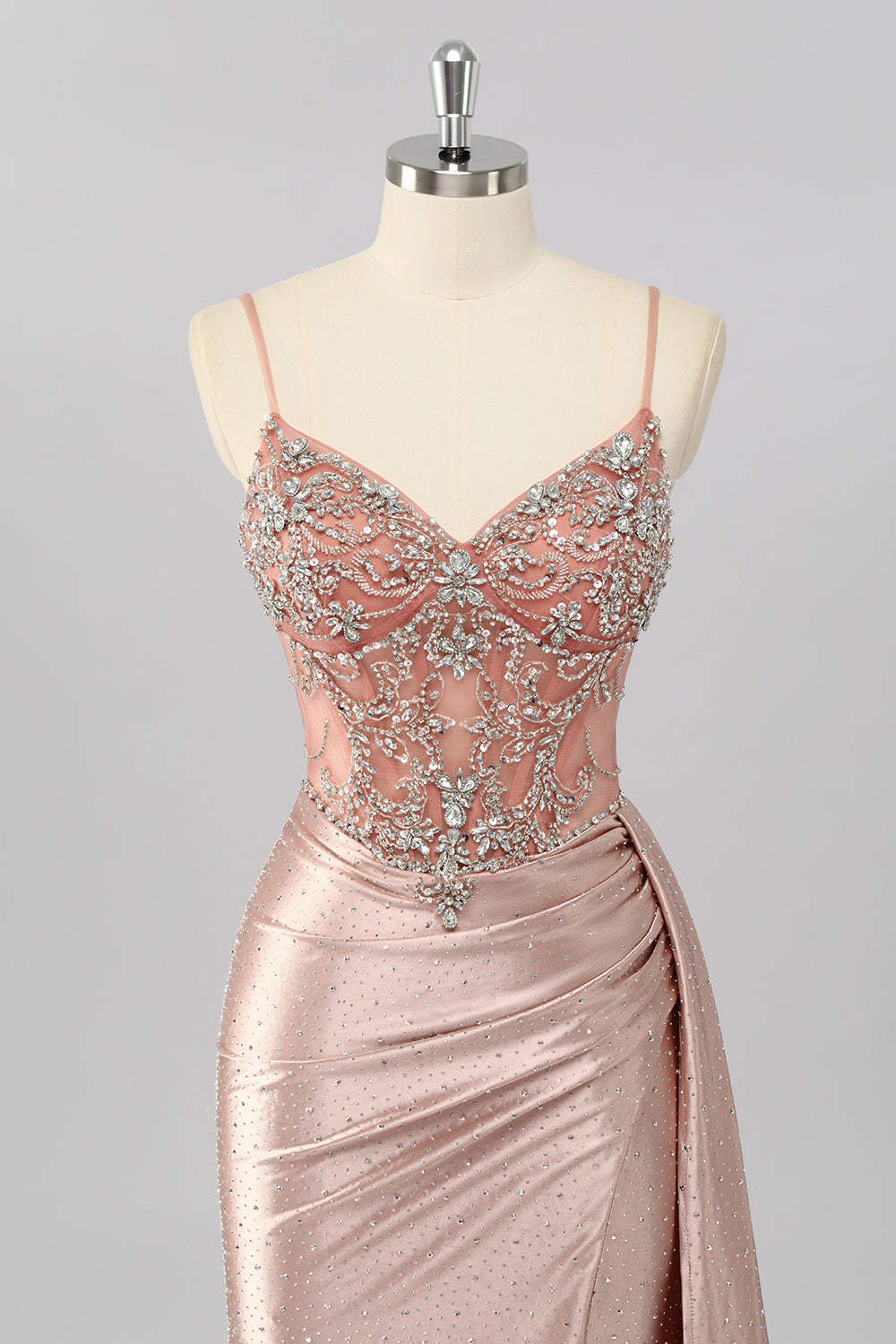 Sparkly Blush Beaded Mermaid Corset Long Prom Dress with Slit