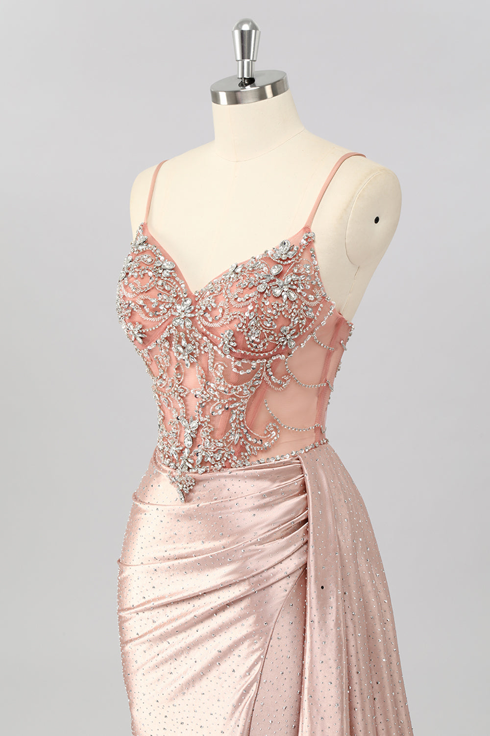 Sparkly Blush Beaded Mermaid Corset Long Prom Dress with Slit
