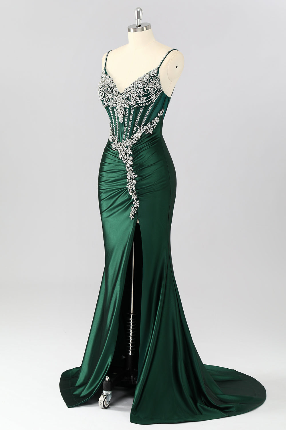 Sparkly Dark Green Corset Beaded Mermaid Long Prom Dress with Slit