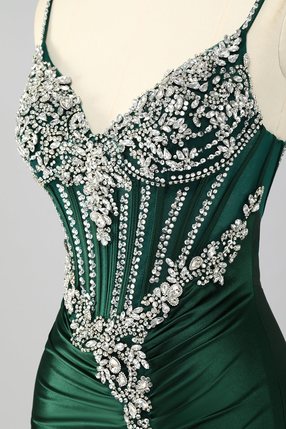 Sparkly Dark Green Corset Beaded Mermaid Long Prom Dress with Slit
