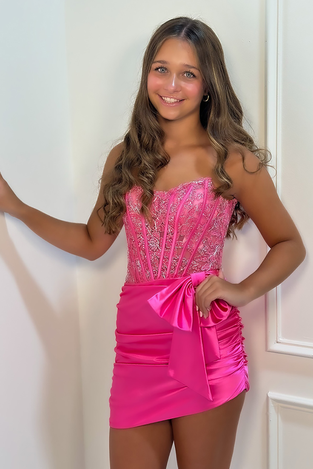 Sparkly Fuchsia Strapless Satin Tight Short Corset Homecoming Dress with Beading