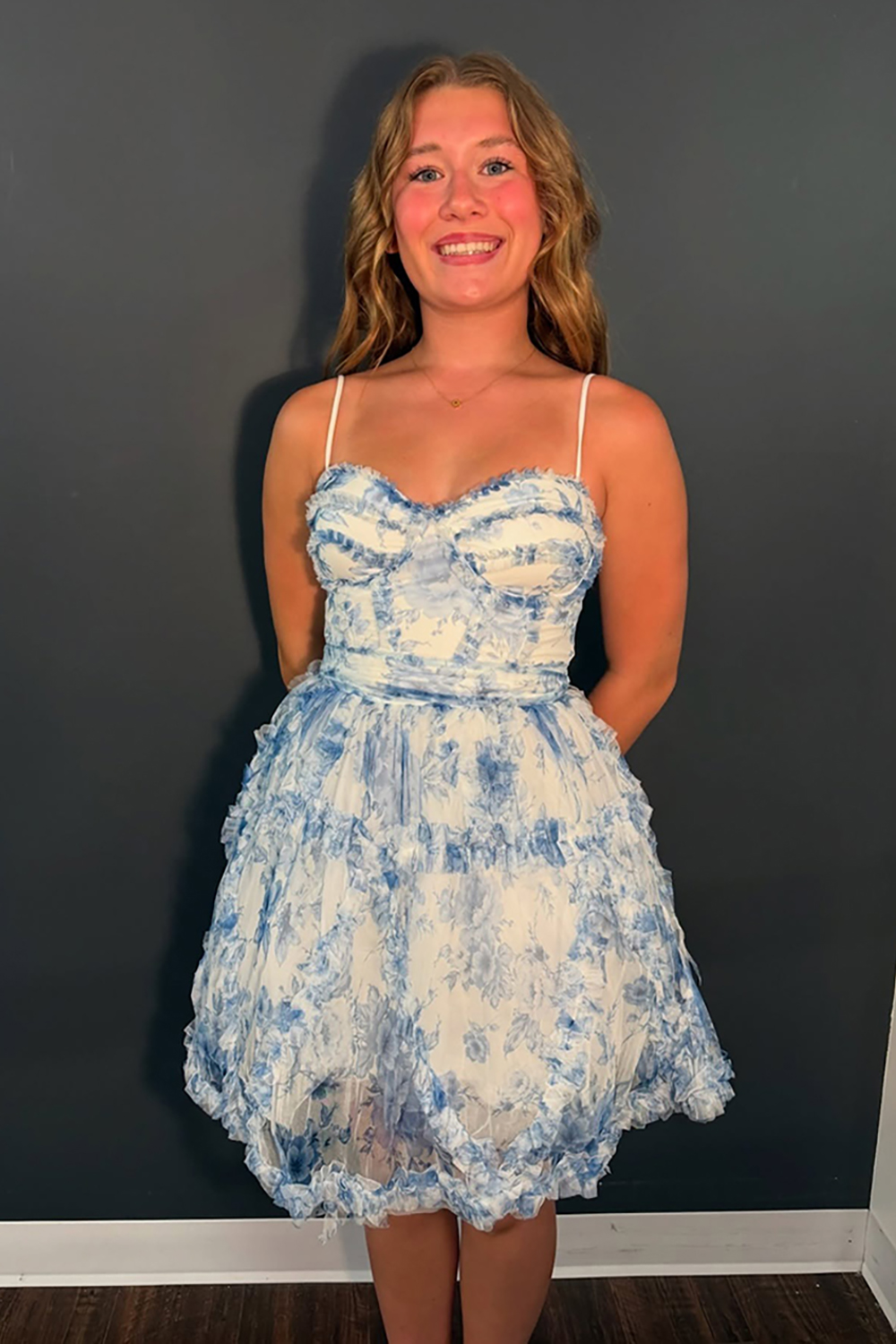 Blue Floral Spaghetti Straps A-Line Short Homecoming Dress with Ruffles